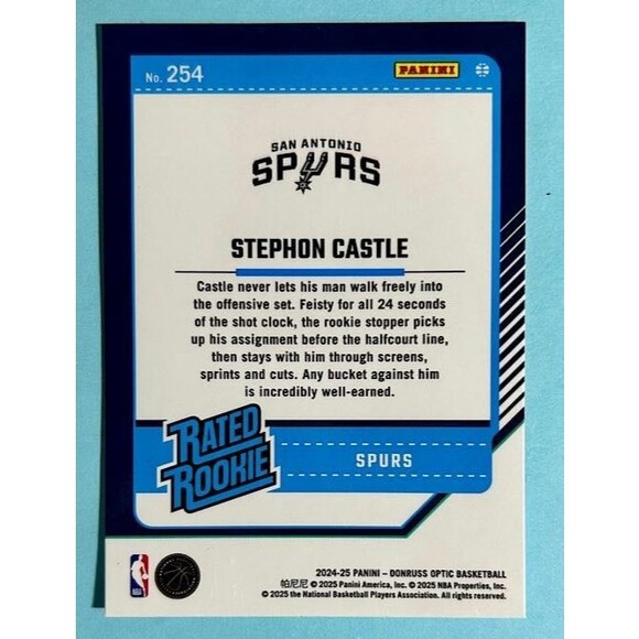 2025 Donruss Rated Rookie Spurs ,Stephon Castle Card #254 - Picture 2 of 2
